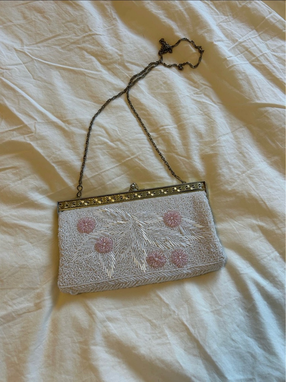 RESERVED FOR ANGELA - Beaded White Evening Clutch with Pink Accents